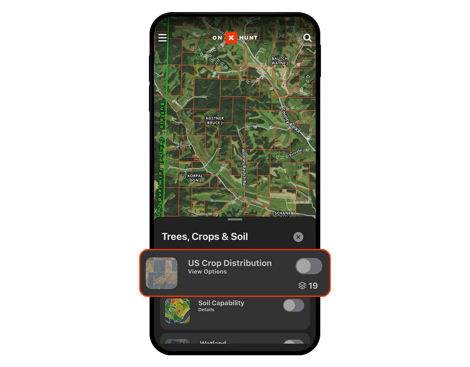 A gif showing onX Hunt's Crop Map Layer.